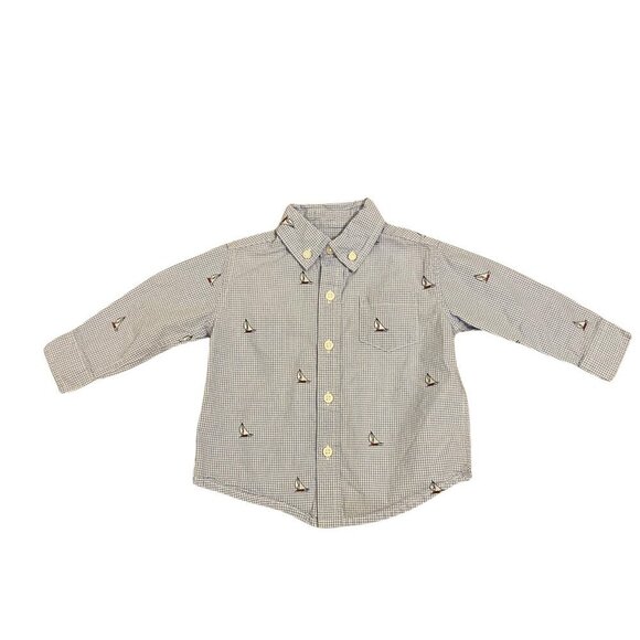 Janie and Jack Baby Boy's Plaid Sailboat Shirt - Size 6 to 12 months - Like New! - Picture 1 of 3